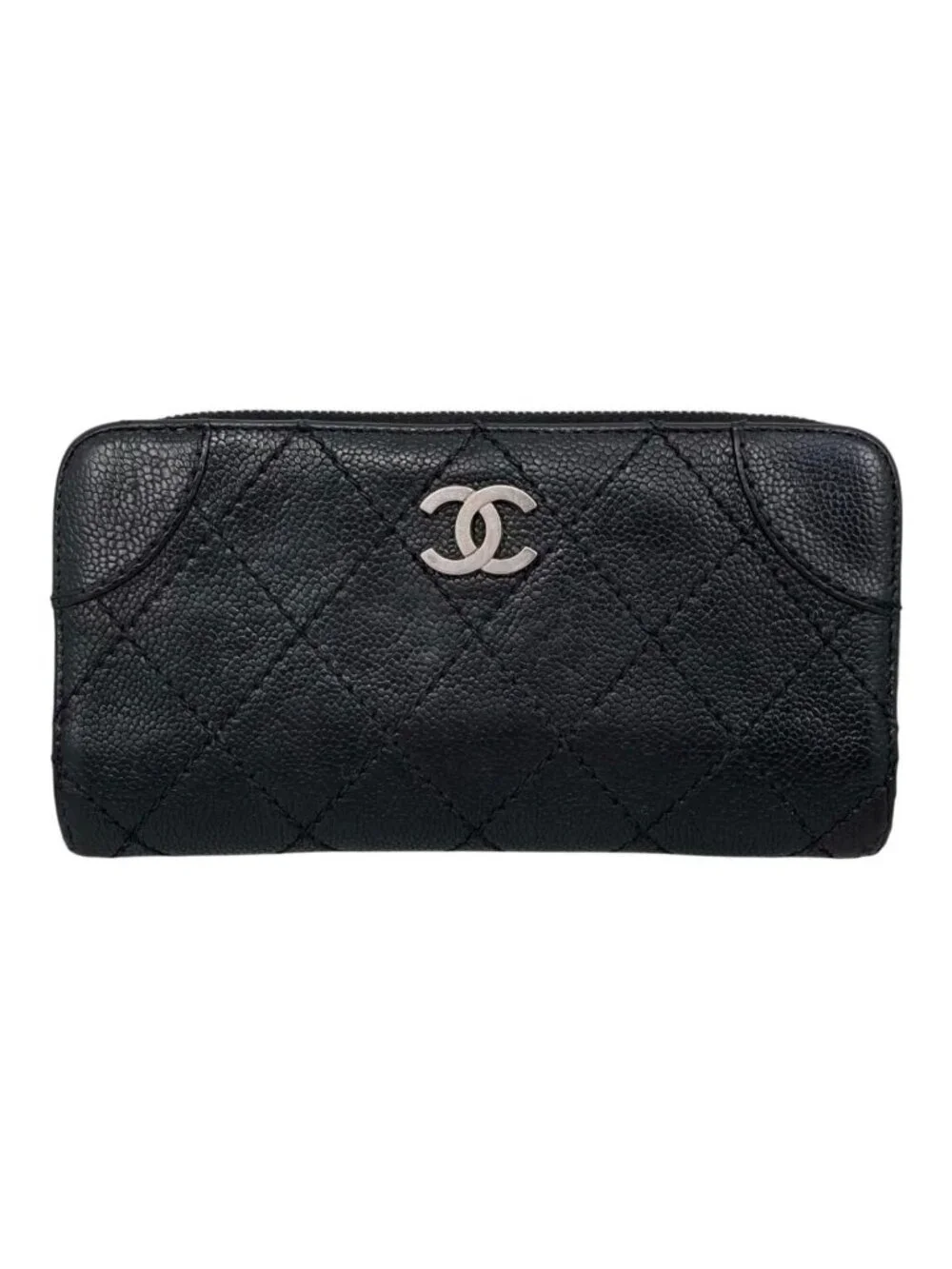Chanel 2 Fold Wallet Wild Stitch Quilted Caviar Leather CC Logo Black Silver